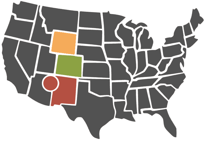 Map of US highlighting the states involved in the Western Small Flocks Collaborative - Wyoming, Colorado and New Mexico